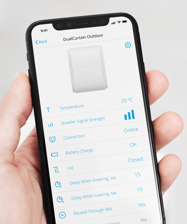 AJAX DualCurtain Outdoor: Безжичен пасивен инфрачервен детектор за движение с двустранна странична детекция тип завеса, разстояние на детекция 4-15 метра, за външен монтаж